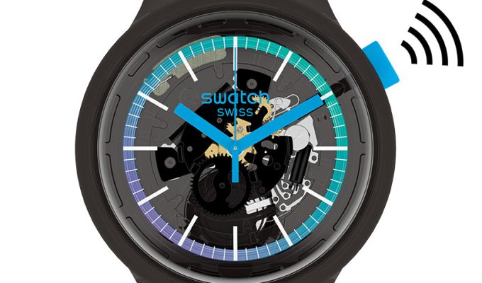 Obrazek dekoracyny: Wizerunek zegarka Swatch oraz symbol płatności zbliżeniowych